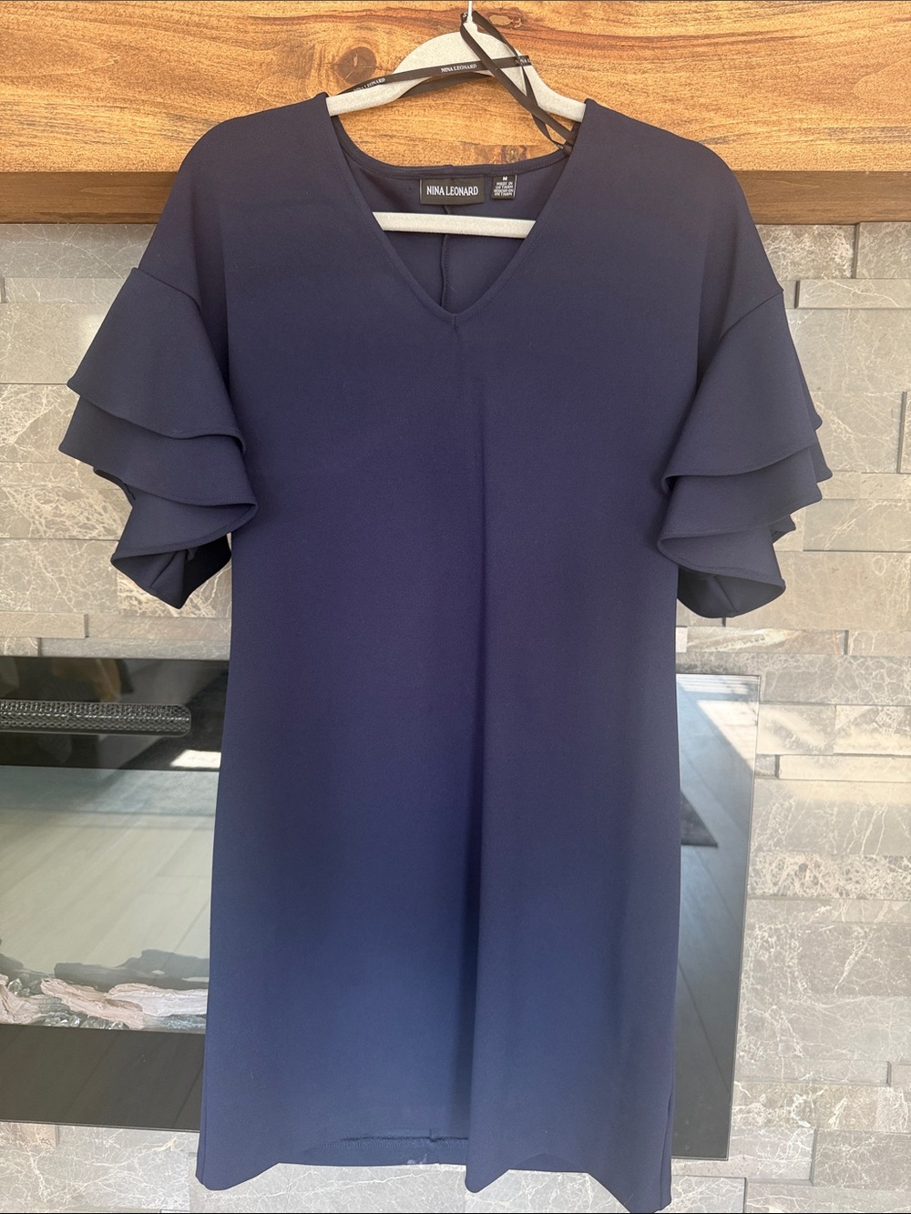 Nina Leonard Navy Tiered Ruffle Sleeve Midi Dress